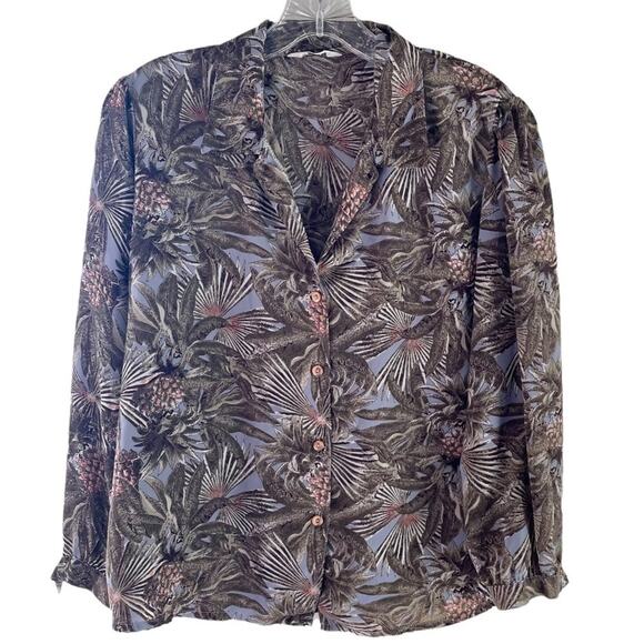 Over Star Vintage Palm Leaves Tropical Print Long Sleeve Pineapple Shirt Size M - Picture 2 of 6